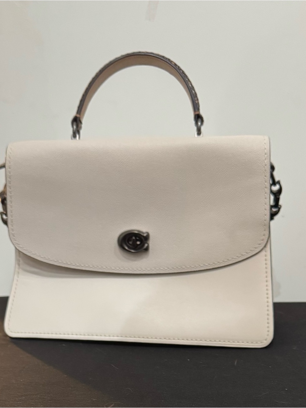 Coach  Parker Top Handle Handbag Ivory Pebbled Leather Faux Snake Shoulder Strap